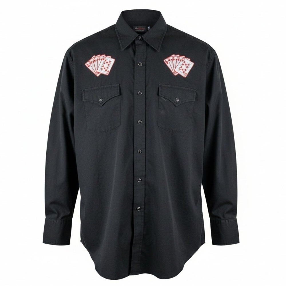 High Noon Western Shirt Mens Medium Black Playing Cards Embroidered Pearl Snap